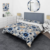 Designart "Nordic Blue Bloom Scandinavian Floral I" White Cottage Bedding Cover Set With 2 Shams