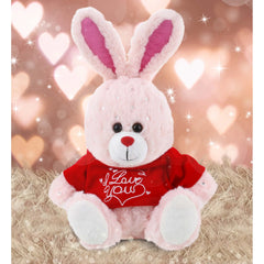 DolliBu I LOVE YOU Rose Gold Bunny Plush Animal with Red Shirt - 8 inches