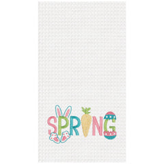 "Spring" Easter Egg Bunny Rabbit Embroidered Cotton Waffle Weave Kitchen Dishtowel