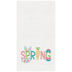 "Spring" Easter Egg Bunny Rabbit Embroidered Cotton Waffle Weave Kitchen Dishtowel