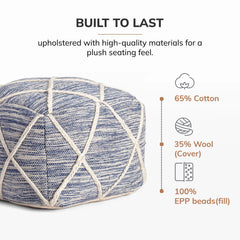 Jani Kirkwood Lake 22-inch Blue Pouf Ottoman - Handmade Footrest for Living Room, Bedroom, Nursery, Kidsroom