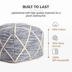 Jani Kirkwood Lake 22-inch Blue Pouf Ottoman - Handmade Footrest for Living Room, Bedroom, Nursery, Kidsroom