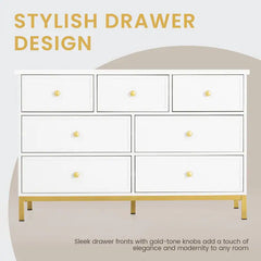47" White Wooden Dresser With 7 Deep Drawers & Metal Handles