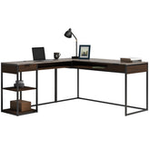 Wood L-Shaped Desk with Five-Shelf Bookcase, Brown