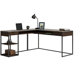 Wood L-Shaped Desk with Five-Shelf Bookcase, Brown