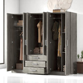 Modern 6-Door Wooden Wardrobe Armoire with Shelves, Drawers, and Locking Storage for Bedroom Use
