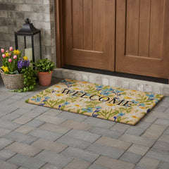 HomeRoots 30" X 48" Brown Light Blue And Green Floral Welcome Outdoor Coir Door Mat - 30.00' X '48.00