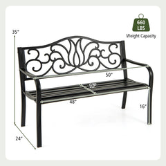 Gymax 2-person Metal Bench w/ Floral Pattern Slanted Backrest Slatted