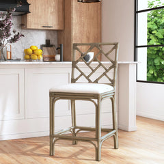 Natural Rattan Handmade Chippendale Single Cushioned Bar Stool by East at Main
