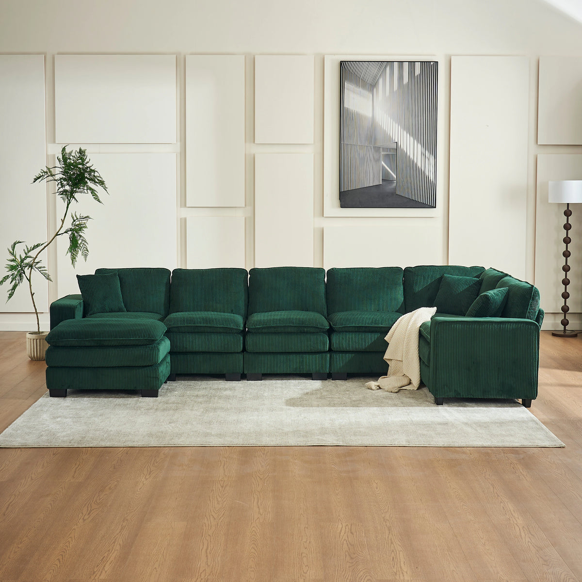 Modern U-Shaped 6-seat Corduroy Modular Sectional Sofa with 1 Ottoman