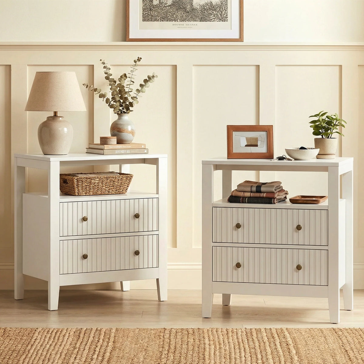 Fluted Nightstand Set of 2 with Charging Station