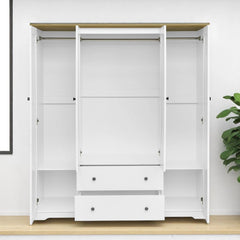 Wooden 4 Door Wardrobe Closet with 2 Drawers and Hanging Storage, Armoire Cabinet for Bedroom Organization