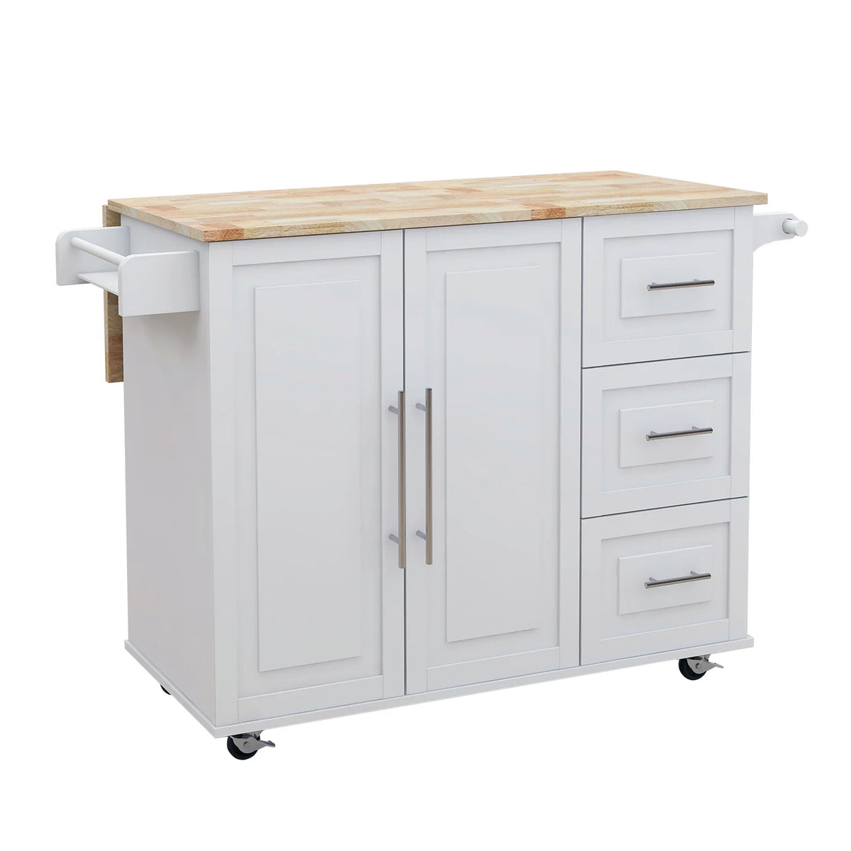 Modern Multifunctional Kitchen Island with 1 Cabinet Spice Rack, Towel Rack and Extensible Table Top, for Kitchen, White