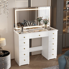 LED Lighted Makeup Vanity w/10 Drawer Modern Dressing Table for Bedroom Glass Top Vanity Table