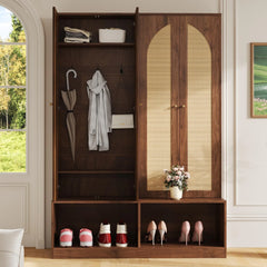 Farmhouse 4-in-1 Hall Tree with Rattan Doors and Storage Bench - 55.1" W × 15.7" D × 78.7" H