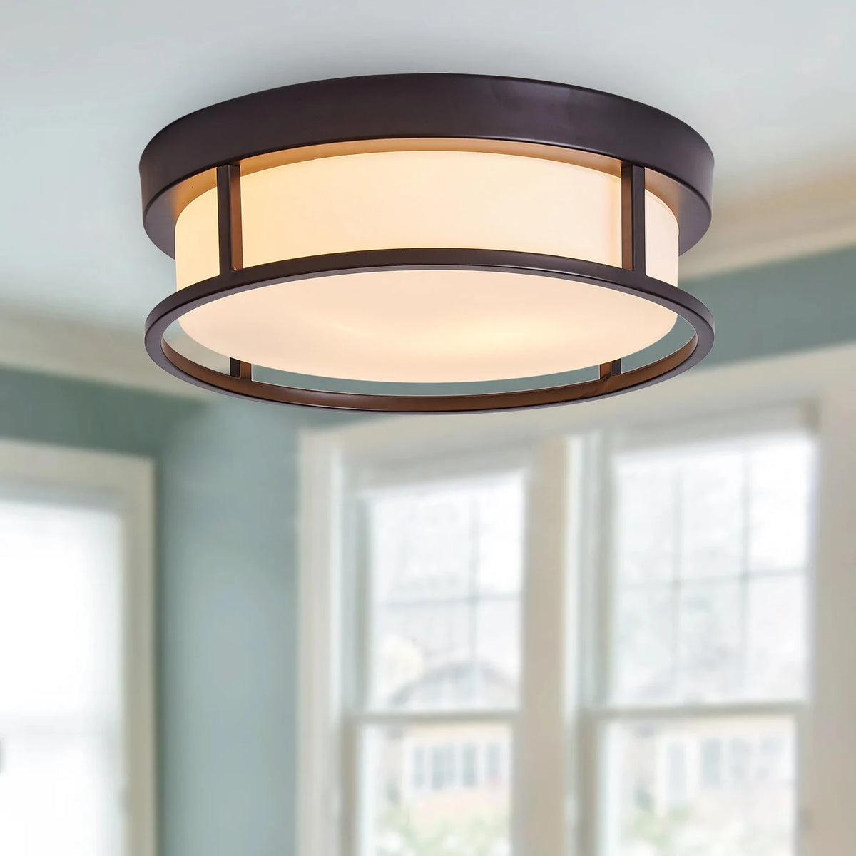 Farmhouse 2-Light Drum Shape Flush Mount Metal Frame Lighting Fixture