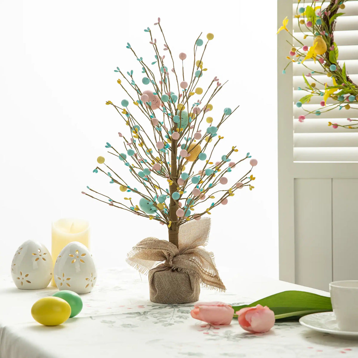 Glitzhome Easter Table Tree with Eggs Lavender Top Hat Decoration for Spring Party Supplies Props