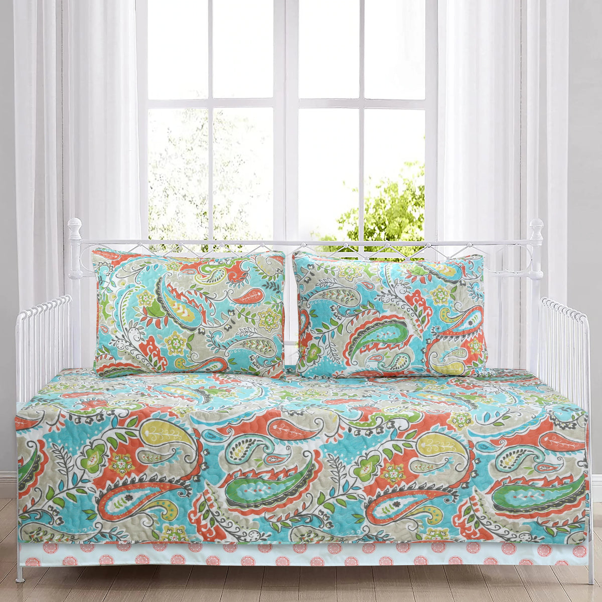 Paisley Floral Turquoise Blue Coral Yellow Grey Green Microfiber Reversible DayBed Quilted Bedding Set