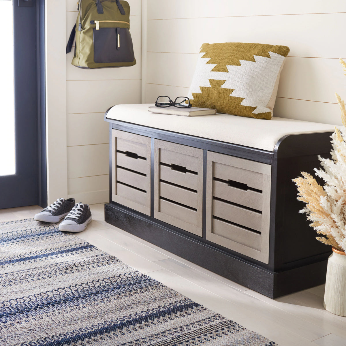 SAFAVIEH Mozella 3-Drawer Cushion Bench - 42" W x 15" D x 20" H - 42Wx15Dx20H