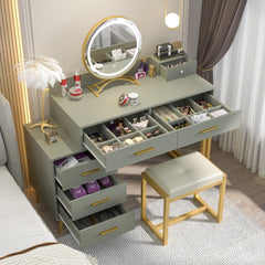 Makeup Vanity Desk with Stool and LED Mirror, Modern Makeup Table Vanity Desk with 6 Storage Drawers