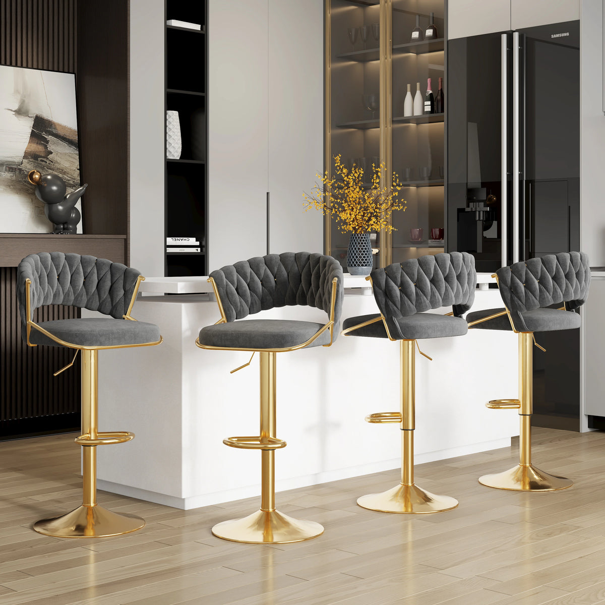 Modern Velvet Counter Bar Stools with Backs(Set of 4)