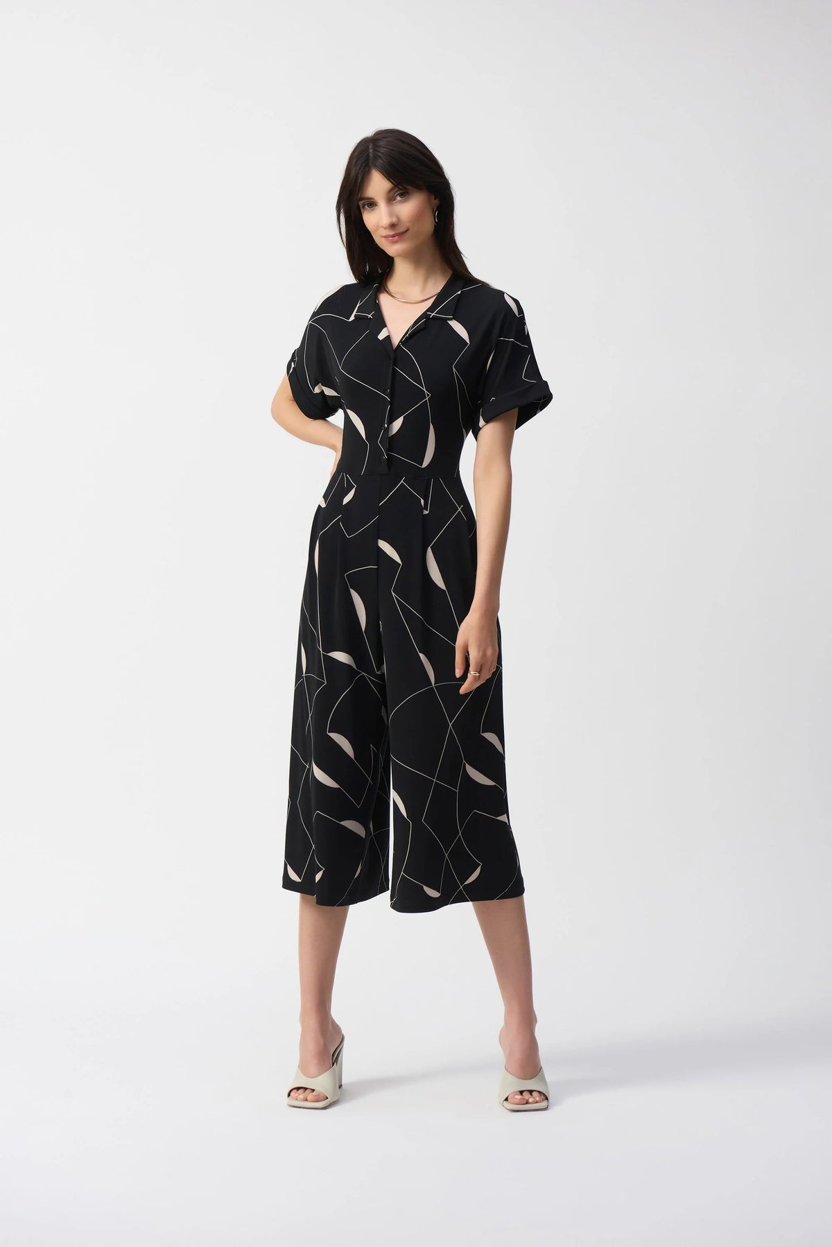 Silky Knit Geometric Print Culotte Jumpsuit- Black/Moonstone