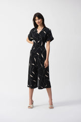 Silky Knit Geometric Print Culotte Jumpsuit- Black/Moonstone