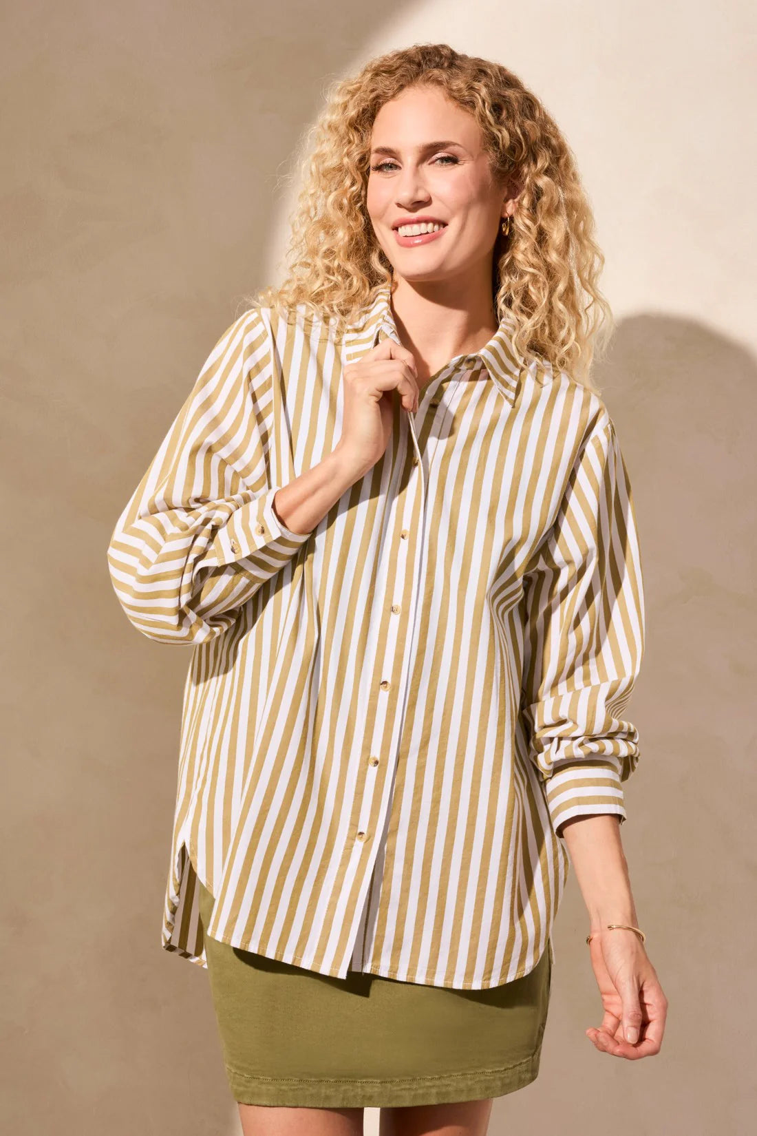 Stripe Button-Front Shirt- Green Moss