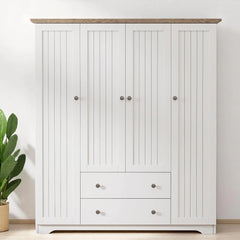 Wooden 4 Door Wardrobe Closet with 2 Drawers and Hanging Storage, Armoire Cabinet for Bedroom Organization