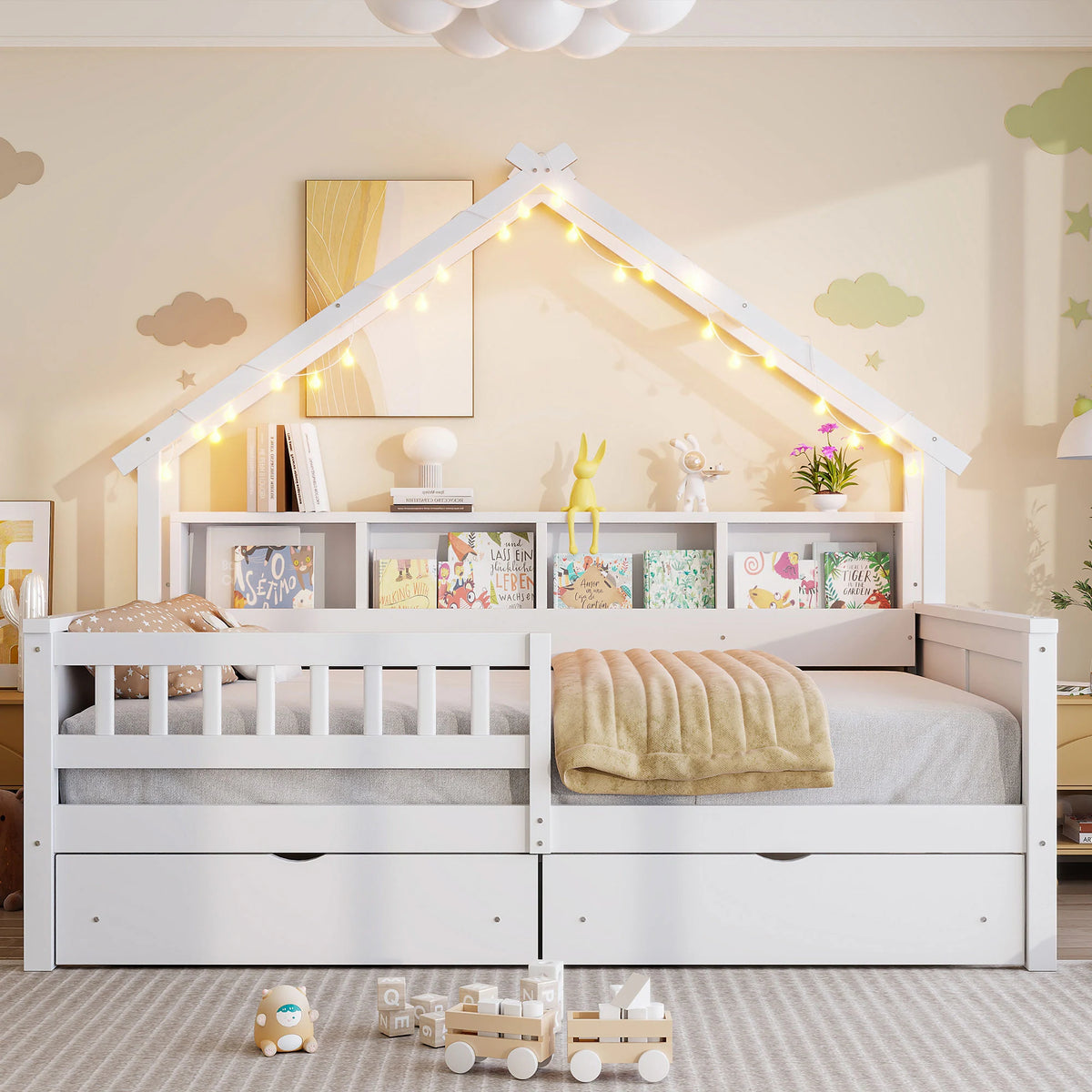 Full Size House Frame Platform Bed with LED Canopy, Storage Drawers & Bookshelf