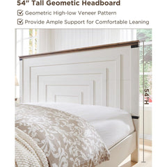 Farmhouse Wood Bed Frame with 54" Tall Headboard, 2 Large Drawers