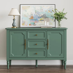 Green Storage Cabinet with 2 Doors & 3 Drawers, Buffet Cabinet with Adjustable Shelves and Turned Legs