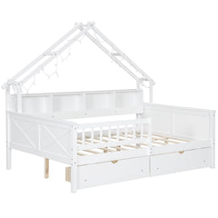 Full Size House Frame Platform Bed with LED Canopy, Storage Drawers & Bookshelf