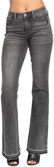 Judy Blue Women's Mid Rise Tummy Control Gray Release Hem Flare Jeans Plus Size