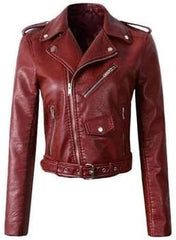 Women's And Girl's Red Brando Asymmetric Slim Fit Sheepskin Leather Motorcycle Jacket Biker Short Lenght Jacket