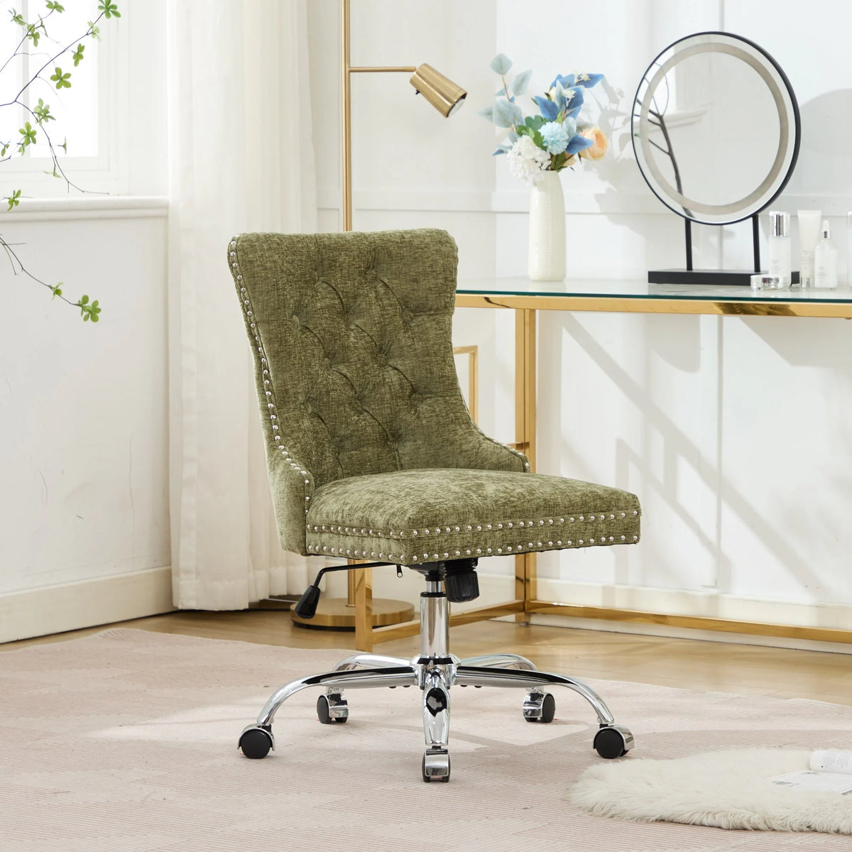 GDFStudio - Modern Chenille Tufted Upholstered Office Chair with Chrome Metal Base with Nailhead Trim and High-Rebound Cushion