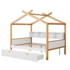 Wooden House Bed with Dual Storage Drawers & Built-in Bookshelf by Harper&Bright Designs