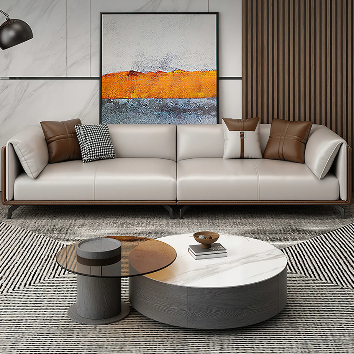 Faux Leather Pillow Top Arm Sofa with Reversible Cushions - 3-seater
