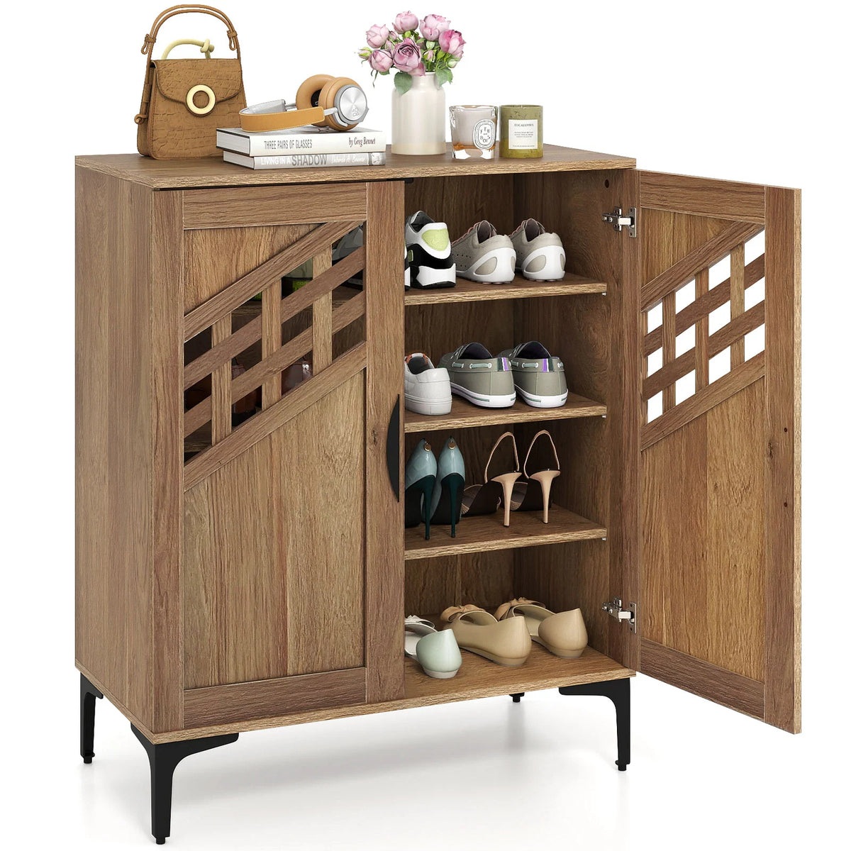 Gymax 4 Tier Shoe Cabinet w/ Doors Removable Shelves & Metal Legs for