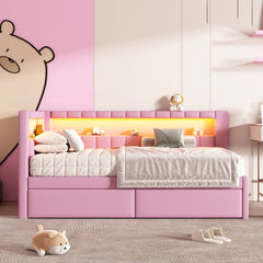 Upholstered Twin Size Platform Bed with USB Ports, LED Belt & 2 Drawers, Pink