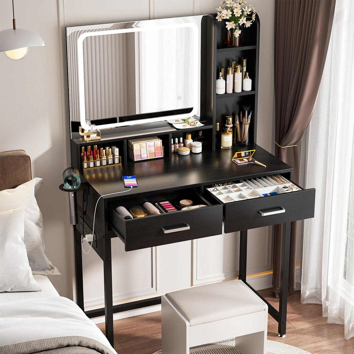 Makeup Vanity Desk with Drawers and Adjustable Lighting Mirror, Vanity Table with Charging Station and Shelves