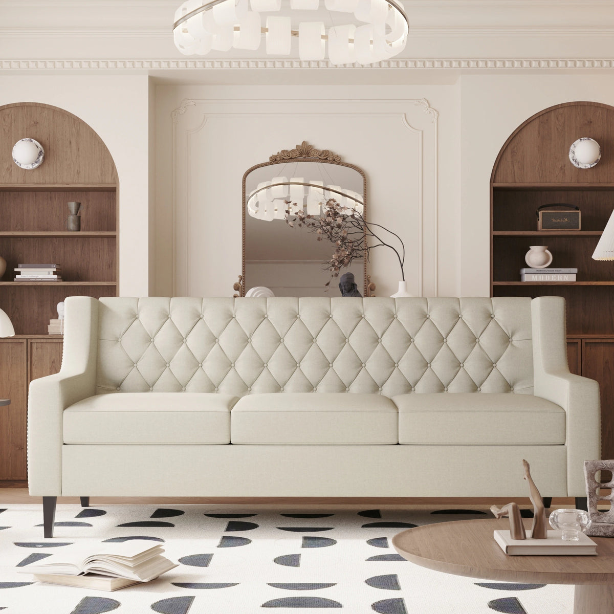 Naro Mid-Century Modern Fabric 3-Seater Sofa with Tufted Backrest by GDFStudio