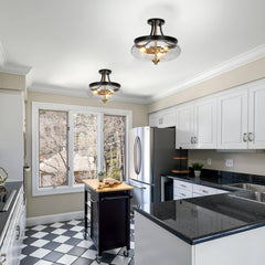 Zenith Modern Transitional Black Gold Semi Flush Mount Lights Drum Seeded Glass Foyer Ceiling Lights - D 14" x H 12.5"