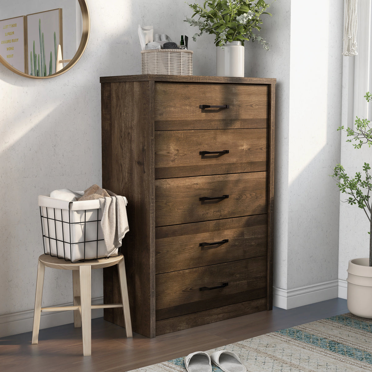 Greer Rustic Walnut and Black Bar 5-Drawer Chest by Furniture of America