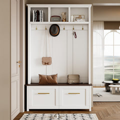 Elegant 4-in-1 Hall Tree with Golden Hooks, Wood Grain Bench, and Ample Storage