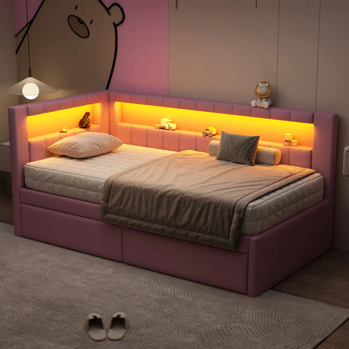 Upholstered Twin Size Platform Bed with USB Ports, LED Belt & 2 Drawers, Pink