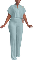 HBQ Women's Summer 2 Piece Outfits Casual Tracksuit Short Sleeve Button Down Crop Top Wide Leg Long Pant Lounge Sets