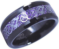 (8mm) Unisex, Women's or Men's Black Celtic Knot Ring with Silver Irish Weave Design over Purple Inlay Tungsten Carbide Wedding Ring Band.