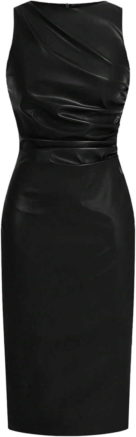 WDIRARA Women's PU Leather Ruched Sleeveless Slit Bodycon Midi Tank Dress