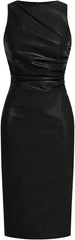 WDIRARA Women's PU Leather Ruched Sleeveless Slit Bodycon Midi Tank Dress